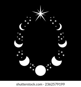 Magic moon and stars icon. Graphic elements for astrology. Boho witch and magic symbol. White goth moon illustration isolated on black background. Vector EPS 10