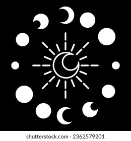 Magic moon and stars icon. Graphic elements for astrology. Boho witch and magic symbol. White goth moon illustration isolated on black background. Vector EPS 10