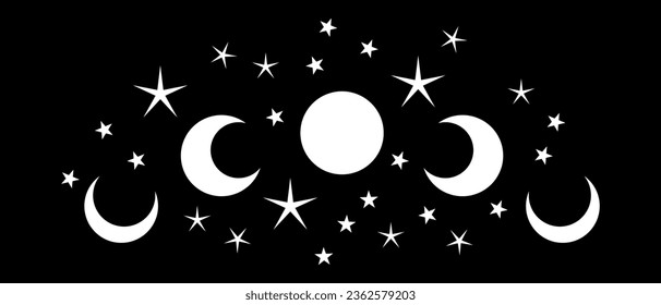 Magic moon and stars icon. Graphic elements for astrology. Boho witch and magic symbol. White goth moon illustration isolated on black background. Vector EPS 10