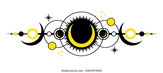 Magic moon and stars icon. Graphic elements for astrology. Boho witch and magic symbol. Black moon illustration isolated on white background. Vector EPS 10