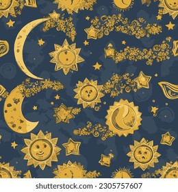 Magic Moon and Sun astrology seamless pattern. Spiritual pattern, space galaxy constellation pattern.