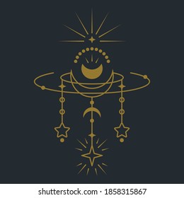 Magic moon and sun geometric  design. Boho decor, esoteric shapes. Vector illustration for poster, card, shirt and more.