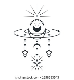 Magic moon and sun geometric  design. Boho decor, esoteric shapes. Vector illustration for poster, card, shirt and more