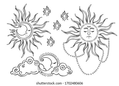 Magic moon and sun night pattern illustration 1 Digital illustration.