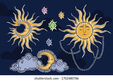 Magic moon and sun night pattern illustration 3 Digital illustration.