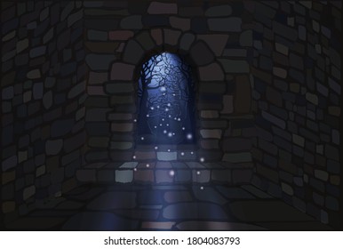 Magic Moonlight. The Open Door Of A Stone House. Vector Illustration