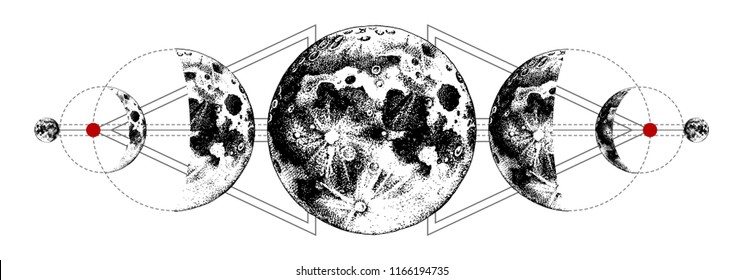 Magic moons tattoo with secret geometry symbols. Hand drawn vector illustration