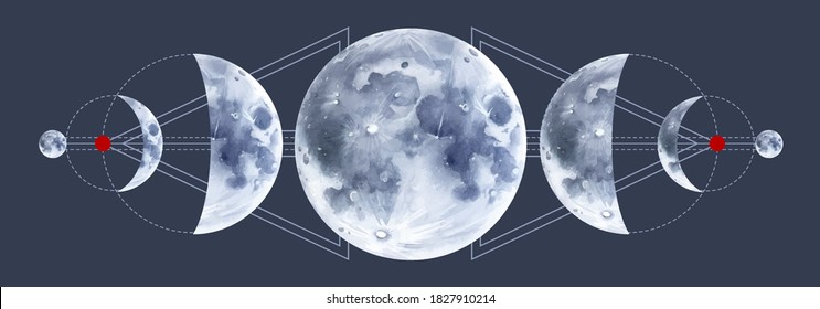 Magic moons tattoo with secret geometry symbols on dark background. Hand drawn watercolor illustration