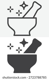 Mortero mágico e icono de almirez en línea y estilo sólido. Esquema y signo de Vector lleno con un trazo editable, icono de símbolo de alquimia para hacer pociones y magia.