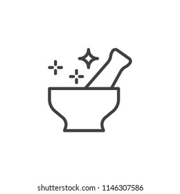 Magic mortar and pestle outline icon. linear style sign for mobile concept and web design. Fantasy potion simple line vector icon. Symbol, logo illustration. Pixel perfect vector graphics
