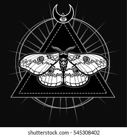 Magic moth.  Esoteric symbol, sacred geometry. Monochrome drawing isolated on a black background. Vector illustration. Print, posters, t-shirt, textiles.