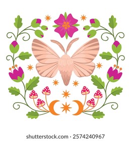 Magic moth with moon, stars, flowers and mushrooms. Flying celestial insect with ornament. Mystic symbol, occult and witchcraft sign. Vector colorful design for magical card, poster, t shirt print.