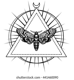 Magic moth with a pattern in the form of a human skull. Esoteric symbol, sacred geometry. Monochrome drawing isolated on a white background. Vector illustration. Print, posters, t-shirt, textiles.