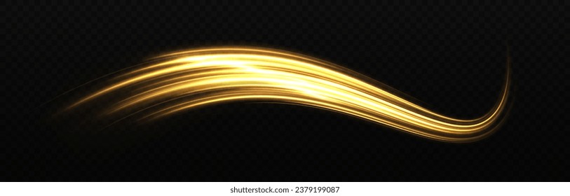 Magic motion lines on transparent background. Glittering cosmic trail. Shiny wave design element with light effect.