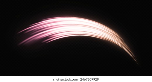 Magic motion lines on transparent background. Glittering cosmic trail. Shiny wave design element with light effect.