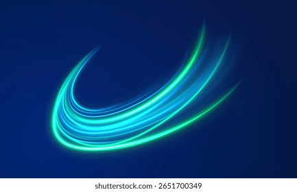 Magic motion with sparkle flash and neon swirl light stream vector circle glow abstract painting design bright background green glitter speed shiny shape energy spotlight

