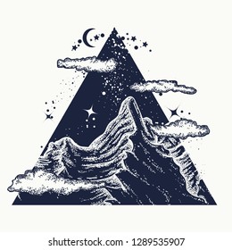 Magic mountains in a triangle, tattoo and t-shirt design 