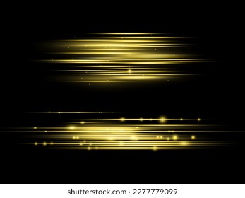 Magic of moving fast lines. Laser beams, horizontal yellow light rays. Golden special effect, speed line. Particle motion effect. Beautiful glow gold light flare and spark dust. Vector illustration.
