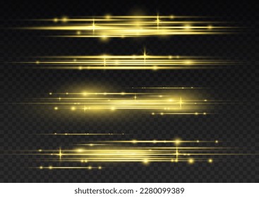 Magic of moving fast lines. Laser beams, horizontal yellow light rays. Golden special effect, speed line. Particle motion effect. Beautiful glow gold light flare and spark dust. Vector illustration.
