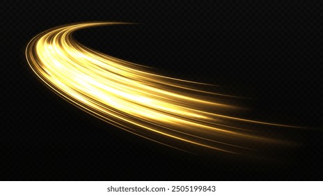 Magic of moving fast motion laser beams, horizontal light rays. Concept of leading in business. Luxury dynamic motion lines effect. Golden light and stripes moving fast over dark background.