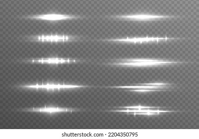 Magic of moving fast speed lines. White glowing light explodes. Laser beams, horizontal light rays. Sun rays. Luminous abstract sparkling line. Lens flares pack. Particle motion effect. Vector