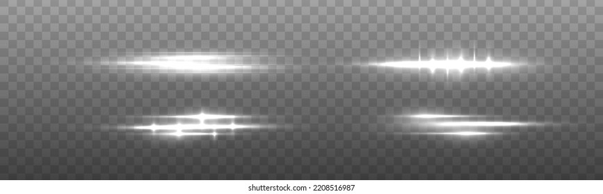 Magic of moving fast speed lines. White glowing light explodes. Laser beams, horizontal light rays. Sun rays. Luminous abstract sparkling line. Lens flares pack. Particle motion effect. Vector