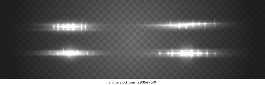 Magic of moving fast speed lines. White glowing light explodes. Laser beams, horizontal light rays. Sun rays. Luminous abstract sparkling line. Lens flares pack. Particle motion effect. Vector
