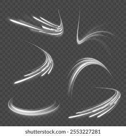 Magic moving fast speed lines. Blurred car light motion effect, city road background with long exposure night lights. Png,  ray, abstract, energy, pack, effect. Acceleration speed motion on night road