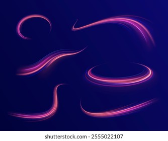 Magic moving fast speed lines. Blurred car light motion effect, city road background with long exposure night lights. Png,  ray, abstract, energy, pack, effect. Acceleration speed motion on night road