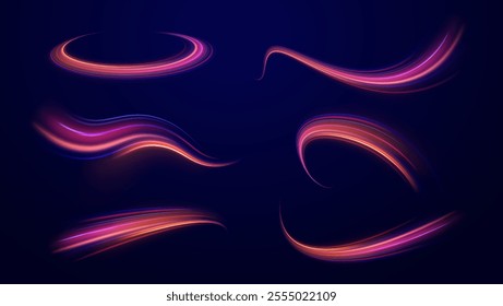 Magic moving fast speed lines. Blurred car light motion effect, city road background with long exposure night lights. Png,  ray, abstract, energy, pack, effect. Acceleration speed motion on night road