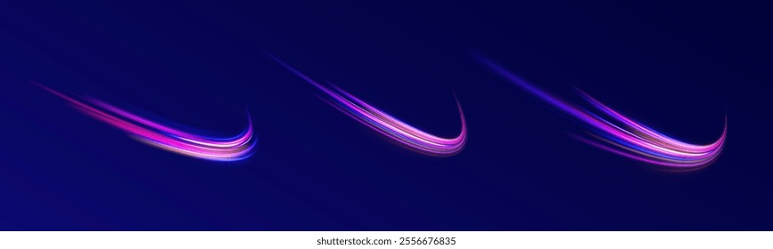 Magic moving fast speed lines. Blurred car light motion effect, city road background with long exposure night lights. Png,  ray, abstract, energy, pack, effect. Acceleration speed motion on night road