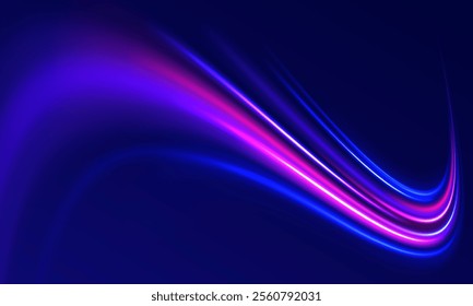 Magic moving fast speed lines. Blurred car light motion effect, city road background with long exposure night lights. Png,  ray, abstract, energy, pack, effect. Acceleration speed motion on night road