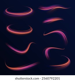 Magic moving fast speed lines. Blurred car light motion effect, city road background with long exposure night lights. Png,  ray, abstract, energy, pack, effect. Acceleration speed motion on night road