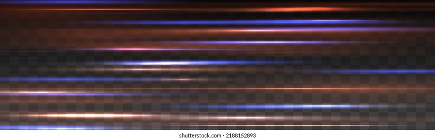 Magic of moving fast speed police lines. Red and blue glowing neon lights line. Particle motion effect. Abstract fire flare trace lens flares. Luminous stripes on a transparent background. Vector