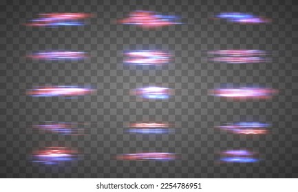 Magic moving fast speed police lines. Red, blue glowing neon lights line. Particle motion light effect. Abstract fire flare trace lens flares. Luminous shining stripes on transparent background vector
