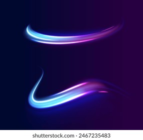 Magic of moving fast speed police lines. Red and blue glowing neon lights line. Particle motion effect. Abstract fire flare trace lens flares. Luminous stripes on a transparent background. Vector