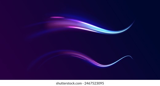 Magic of moving fast speed police lines. Red and blue glowing neon lights line. Particle motion effect. Abstract fire flare trace lens flares. Luminous stripes on a transparent background. Vector