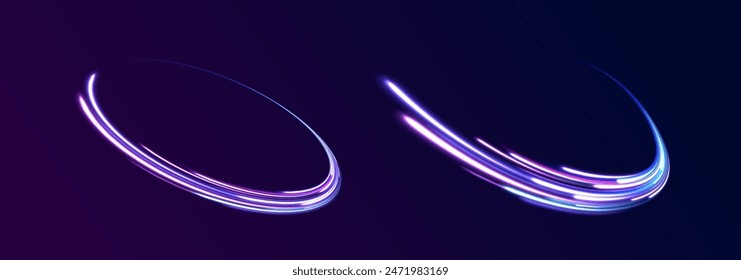 Magic of moving fast speed police lines. Red and blue glowing neon lights line. Particle motion effect. Abstract fire flare trace lens flares. Luminous stripes on a transparent background. Vector	