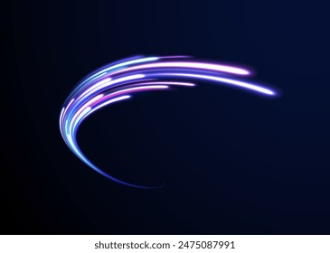 Magic of moving fast speed police lines. Red and blue glowing neon lights line. Particle motion effect. Abstract fire flare trace lens flares. Luminous stripes on a transparent background. Vector	