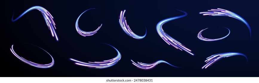 Magic of moving fast speed police lines. Red and blue glowing neon lights line. Particle motion effect. Abstract fire flare trace lens flares. Luminous stripes on a transparent background. Vector	