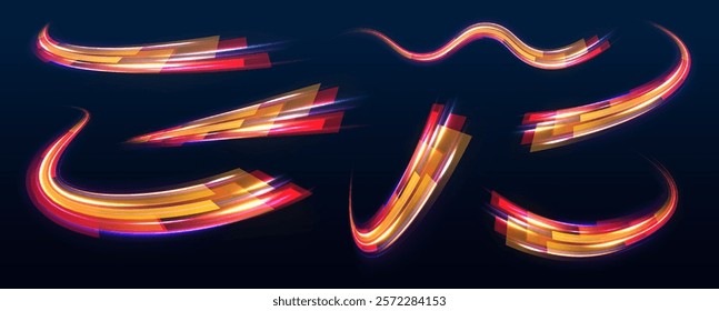 Magic moving fast speed police lines. Laser beams luminous abstract sparkling isolated on a transparent background. Sports light lines with neon effect in hay red and pink. Energy flow tunnel.	