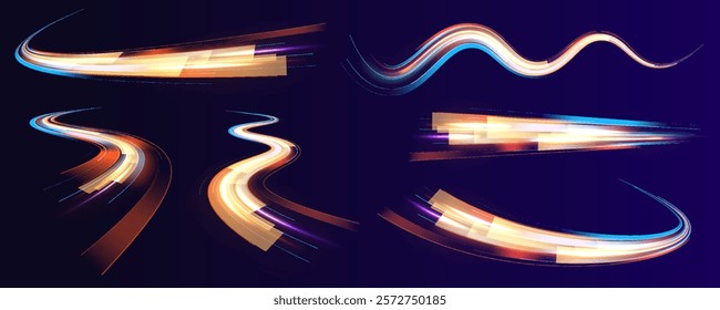 Magic moving fast speed police lines. Laser beams luminous abstract sparkling isolated on a transparent background. Sports light lines with neon effect in hay red and pink. Energy flow tunnel.	