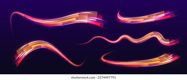 Magic moving fast speed police lines. Laser beams luminous abstract sparkling isolated on a transparent background. Sports light lines with neon effect in hay red and pink. Energy flow tunnel.	