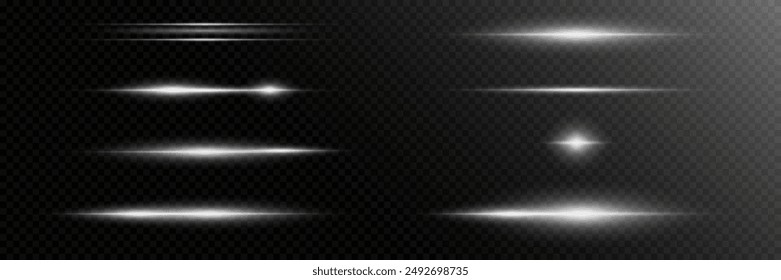 The magic of moving speed lines. Horizontal rays of light. Set of flashes with white lenses. Laser beams. On a transparent background.