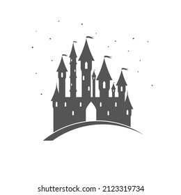 Magic multi-towered palace of the princess surrounded by the starry sky. Fairytale castle. Flat vector illustration isolated on white background.