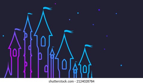 Magic multi-towered palace of the princess surrounded by the starry sky. Fairytale castle. Flat vector illustration isolated on night blue background.