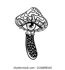 Mushroo mágico con los ojos.  Alucinación psicodélica. Ilustración del vector de contorno aislada en blanco. Arte hippie de los años 60. Libro de colorear.