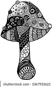 Magic Mushroom Amanita Doodle black isolated.