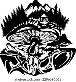 magic mushroom art illustration vector design. mountain lanscape with trees, stone, house, mountain, etc.