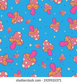 Magic Mushroom Blue Vector Seamless Pattern.